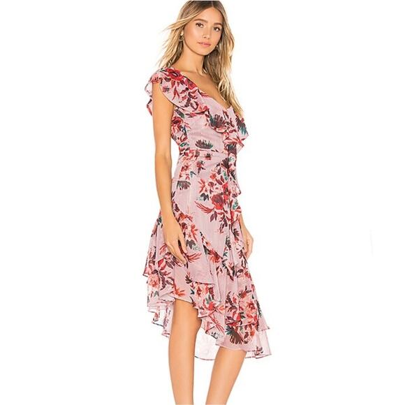 Lovers + Friends Stacey Ruffle Midi Dress Pink Red Floral Asymmetric Small NWT - Picture 15 of 15